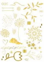 Assorted gold-coloured decorative icons including leaves, stars, hearts, arrows, and floral patterns