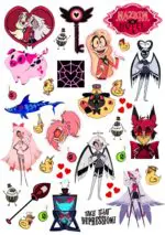 Check into the Happy Hotel with this vibrant Hazbin Hotel A5 temporary tattoo sheet! Featuring popular characters from the hit animated series, including Charlie Morningstar, Vaggie, Angel Dust, Alastor, Vox, and the Egg Bois, complete with hearts, bombs, and the Hazbin Hotel logo. A must-have for Hazbin Hotel fans, animation enthusiasts, and cosplayers. High-impact, detailed temporary tattoos.