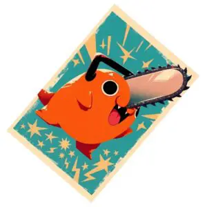 Directly inspired by the vibrant, retro-poster aesthetic of DL0511 - Chainsaw Man - Pochita.jpg, this temporary tattoo captures the Chainsaw Devil in his most iconic, "best boy" form. The design features a striking orange palette contrasted against a teal background, framed by stylized stars and lightning bolts that give it a high-energy, vintage pop-art feel. It's a clean, rectangular composition that looks like a miniature piece of cult-classic propaganda for your skin.