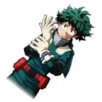 A dynamic anime temporary tattoo design of Izuku Midoriya (Deku) from My Hero Academia. The artwork shows Deku from the waist up, dynamically angled, wearing his green and teal hero costume with his distinctive red utility belt and metallic respirator neck guard. He is depicted tightening his signature white and blue-striped hero gloves, with sharp cel-shading, untamed green hair, and an intense, determined expression, isolated against a white background with a soft gradient fade on the lower edge.