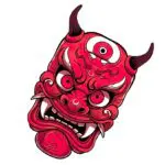 An illustrative temporary tattoo design of a fierce Japanese Hannya mask. The mask is rendered in a deep crimson and hot pink color palette, accented with bold black linework and white highlights on the teeth, eyes, and third eye centered on the forehead. The design features dramatic, curled horns, exaggerated brows, and sharp fangs, combining traditional Japanese theater style with a modern, stylized streetwear and anime aesthetic. The mask is isolated against a clean background, clearly showing its contoured shape.