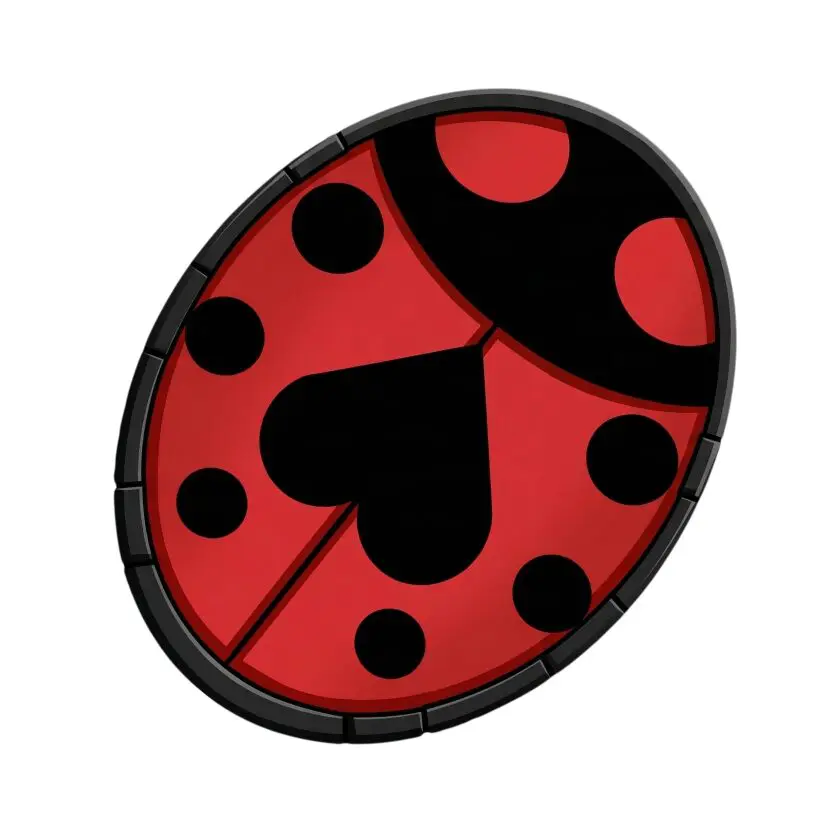 An illustrative temporary tattoo design of a stylized ladybug brooch, inspired by Giorno Giovanna from JoJoโs Bizarre Adventure: Golden Wind. The brooch is oval-shaped with a deep crimson and black beetle design, framed by a dark metallic border. The ladybug's central spots form a subtle heart pattern, and it has a high-saturation, graphic print style with subtle gradients that give it depth and a professional, three-dimensional metallic appearance. The emblem is isolated without background film.