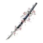 An intricate, illustrative temporary tattoo design of a traditional Japanese katana (samurai sword). The detailed katana is depicted mid-unsheathe, with a wavy hamon line on the steel blade, detailed guard (tsuba), and hilt (tsuka). A blooming cherry blossom (Sakura) branch with pink flowers and green leaves twists gracefully around the dark scabbard and the hilt. The artwork has a fine-line, hand-painted illustrative style using a soft gradient palette of pastels, metallic greys, and blacks.