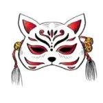 A clean, hand-drawn illustration of a traditional Japanese Kitsune (fox spirit) mask temporary tattoo design. The mask features a stark white face with stylized crimson markings, black outlines, and gradients around the ears, eyes, and mouth. Attached to the mask are decorative elements, including detailed golden shinto bells (suzu) and hanging cords, all rendered in a crisp, isolated graphic print style with no background film.