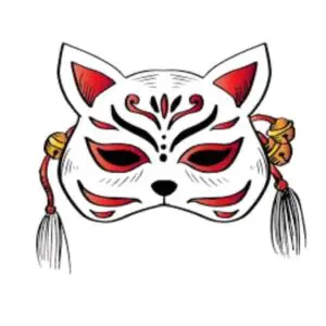 A clean, hand-drawn illustration of a traditional Japanese Kitsune (fox spirit) mask temporary tattoo design. The mask features a stark white face with stylized crimson markings, black outlines, and gradients around the ears, eyes, and mouth. Attached to the mask are decorative elements, including detailed golden shinto bells (suzu) and hanging cords, all rendered in a crisp, isolated graphic print style with no background film.