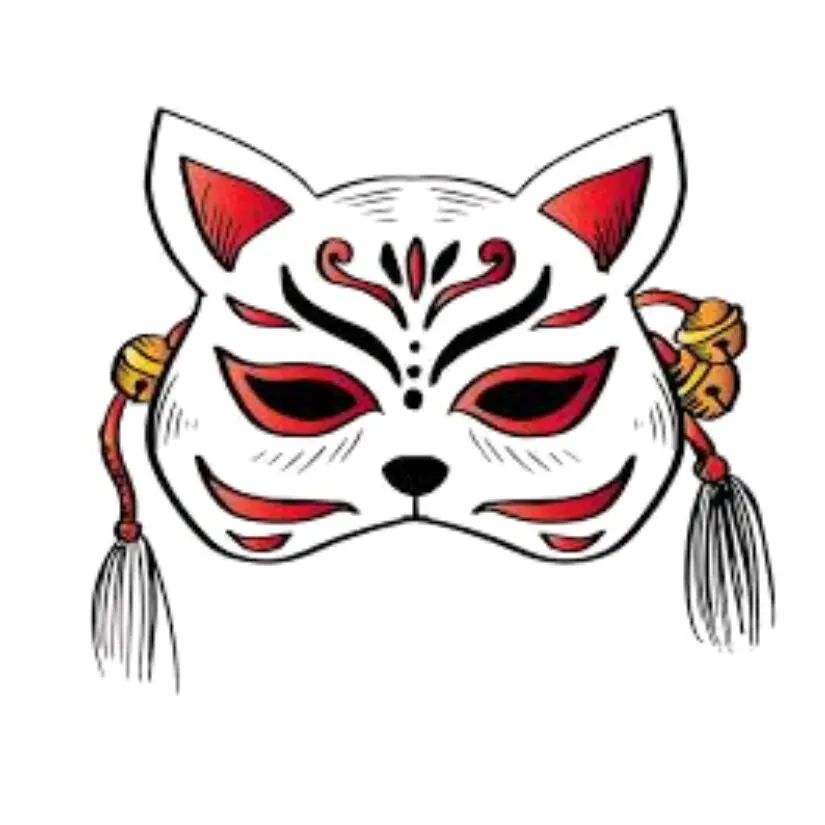 A clean, hand-drawn illustration of a traditional Japanese Kitsune (fox spirit) mask temporary tattoo design. The mask features a stark white face with stylized crimson markings, black outlines, and gradients around the ears, eyes, and mouth. Attached to the mask are decorative elements, including detailed golden shinto bells (suzu) and hanging cords, all rendered in a crisp, isolated graphic print style with no background film.