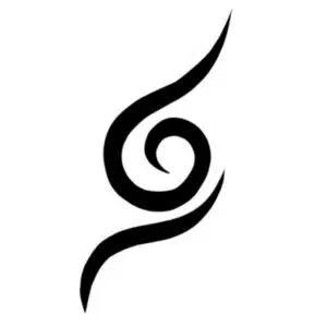 A minimalist, graphic temporary tattoo design of the Naruto Anbu symbol. The design is a solid, deep black spiral rune with sharp, flame-like tribal wisps extending outward, mimicking the authentic covert ops mark from the Hidden Leaf Village. The lines are clean, bold, and precisely contoured, rendered with pitch-black saturation for a uniform tribal look against the skin. The symbol is isolated without any background film.