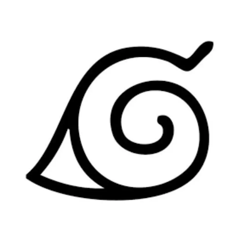 A minimalist temporary tattoo design of the Naruto Hidden Leaf Village crest. The design features the stylized leaf and spiral symbol worn on ninja headbands, rendered entirely with bold, clean, pure black linework. The isolated design has sharp contours and zero background film, designed to look like a precise, screen-accurate graphic print directly applied to the skin.