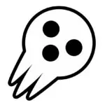 A minimalist temporary tattoo design of the Soul Eater Lord Death mask emblem. The design is purely graphic, featuring a clean, solid white central skull head with three solid black dots for eyes and a sharp, three-pronged, jagged black lower jawline. The line work is bold, defined, and isolated without any background film, designed to replicate the specific graphic art style of Atsushi Ohkubo.