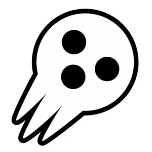 A minimalist temporary tattoo design of the Soul Eater Lord Death mask emblem. The design is purely graphic, featuring a clean, solid white central skull head with three solid black dots for eyes and a sharp, three-pronged, jagged black lower jawline. The line work is bold, defined, and isolated without any background film, designed to replicate the specific graphic art style of Atsushi Ohkubo.