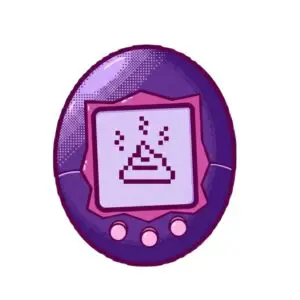 A stylized, pop-art temporary tattoo design of a retro handheld Tamagotchi virtual pet keychain. The egg-shaped plastic casing is rendered in vibrant violet and hot pink, complete with three circular buttons and comic-style halftone shading. Locked dead-center on the pixelated LCD screen is the universally understood 8-bit icon of digital neglect—complete with rising steam lines—rendered with crisp, blocky pixel detail.