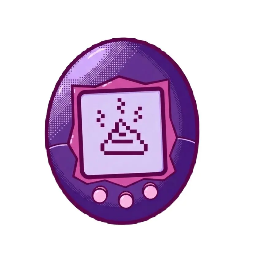 A stylized, pop-art temporary tattoo design of a retro handheld Tamagotchi virtual pet keychain. The egg-shaped plastic casing is rendered in vibrant violet and hot pink, complete with three circular buttons and comic-style halftone shading. Locked dead-center on the pixelated LCD screen is the universally understood 8-bit icon of digital neglectโcomplete with rising steam linesโrendered with crisp, blocky pixel detail.