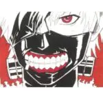 An intense, illustrative temporary tattoo design of Ken Kaneki from Tokyo Ghoul, post-transformation. The artwork features a high-contrast close-up of Kaneki, leaning into a gritty, black-and-white manga aesthetic. Flashes of aggressive crimson red illuminate his singular awakened ghoul eye (kakugan) and the gums of his signature leather, zippered mask. The design has sharp crosshatching and bold cel-shading boundaries, with prominent bolts on the mask's neck and untamed white hair. The background features a chaotic splash of red ink. The rectangular composition is isolated against a clean background.