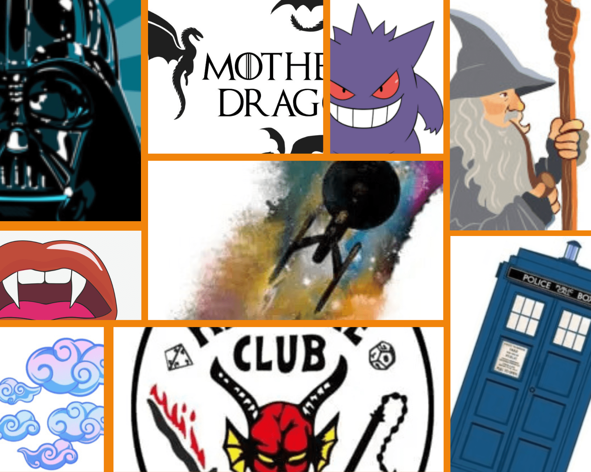Collage of popular fandom characters and symbols including Darth Vader,
