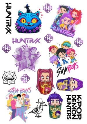 An A5 Sheet containing over 15 images and designs inspired by KPop Demon Hunters