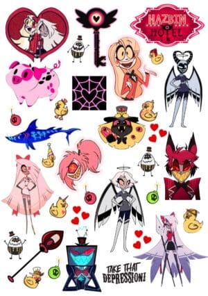 Check into the Happy Hotel with this vibrant Hazbin Hotel A5 temporary tattoo sheet! Featuring popular characters from the hit animated series, including Charlie Morningstar, Vaggie, Angel Dust, Alastor, Vox, and the Egg Bois, complete with hearts, bombs, and the Hazbin Hotel logo. A must-have for Hazbin Hotel fans, animation enthusiasts, and cosplayers. High-impact, detailed temporary tattoos.