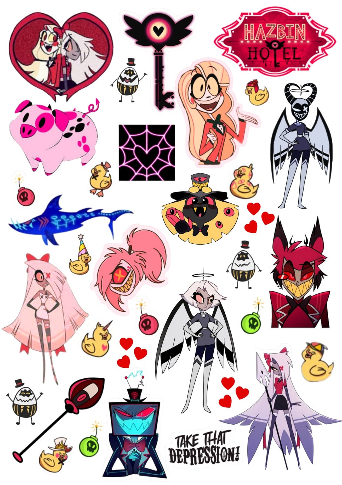Check into the Happy Hotel with this vibrant Hazbin Hotel A5 temporary tattoo sheet! Featuring popular characters from the hit animated series, including Charlie Morningstar, Vaggie, Angel Dust, Alastor, Vox, and the Egg Bois, complete with hearts, bombs, and the Hazbin Hotel logo. A must-have for Hazbin Hotel fans, animation enthusiasts, and cosplayers. High-impact, detailed temporary tattoos.
