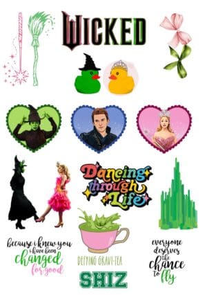 Get changed for good with this magical Wicked the Musical A5 temporary tattoo sheet! Featuring Elphaba (The Wicked Witch of the West) and Glinda (The Good Witch), along with popular phrases like "Defying Gravi-Tea," "Dancing Through Life," and "Because I have been changed for good." Also includes the Emerald City, wands, and fun duck designs. Perfect for Musical Theatre fans, Broadway lovers, Wicked show attendees, and unique theatrical gifts.