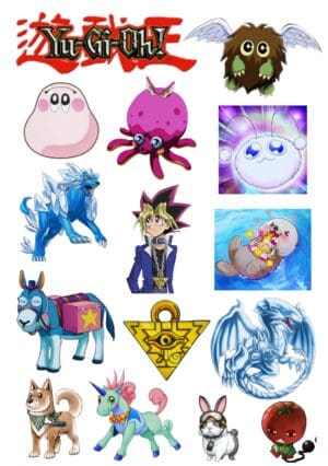 Draw your cards and duel with this exciting Yu-Gi-Oh! A5 temporary tattoo sheet! Featuring main character Yugi Muto, the powerful Blue-Eyes White Dragon monster, the iconic Millennium Puzzle symbol, and other anime-style creatures like the Kuriboh, Winged Kuriboh, and a White Dolphin. Ideal for Yu-Gi-Oh! card game players, anime fans, manga enthusiasts, and retro cartoon lovers. A fantastic accessory for gaming events and conventions.